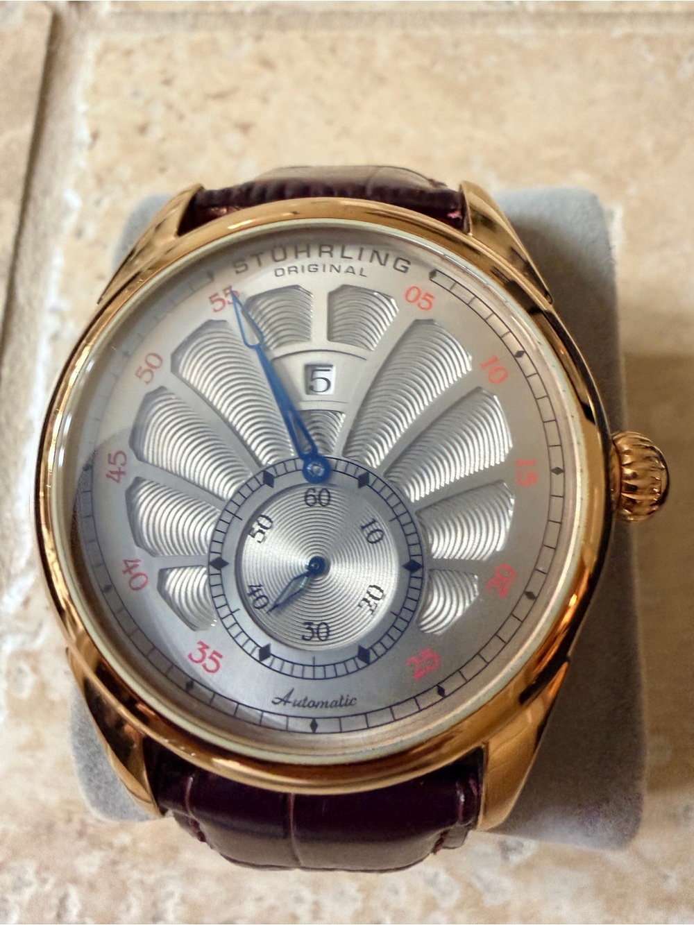 Stuhrling Original automatic Gold Case Silver Dial Brown Leather Strap Watch
